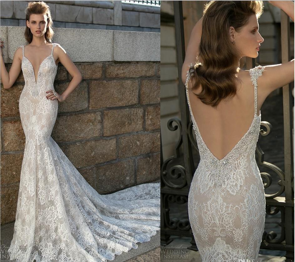 Berta Mermaid Wedding Dresses Sexy Deep V Neck Lace Appliqued Bridal Gowns Sparkly Beading Backless Sweep Train Slim Wedding Dress