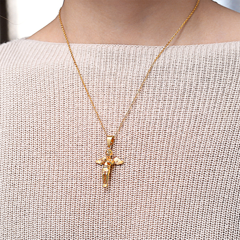 Hip Hop Charm Prayer Angel Pendant Necklace Stainless Steel 18K Gold Plated Jewelry Christmas Gift