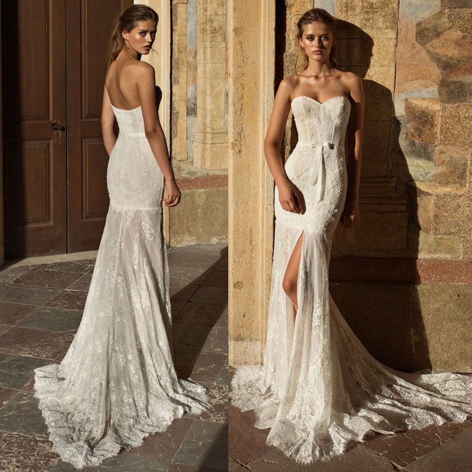 Beaded Mermaid Charming Lace Wedding Dresses Strapless Neck Front Split Bridal Gowns Sweep Train Trumpet Plus Size Robe De Marie