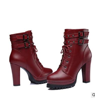 Hot Sale-Black Leather Motorcycle Boots For Women High Platform Thick Heel Ankle Boots Stylish Cool Shoes Christma