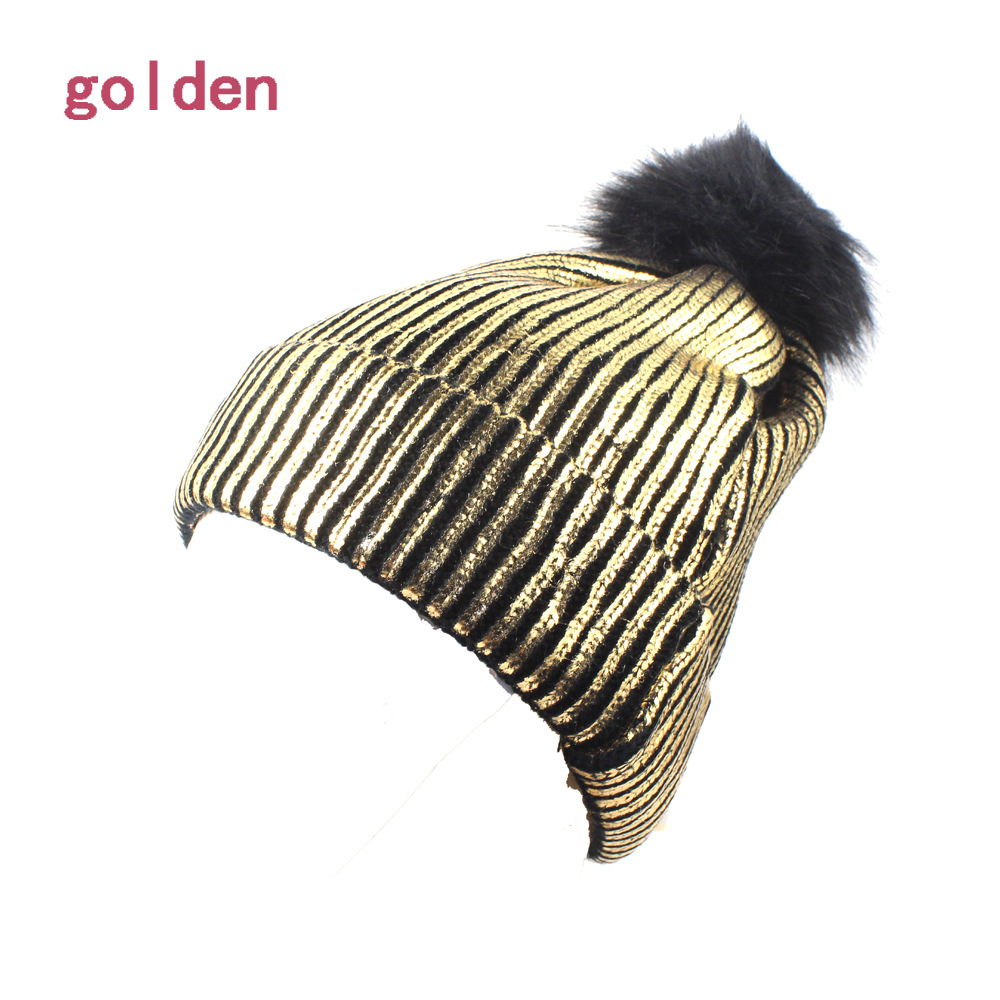 Knitted Bronzing Gold Silver Beanie Cap Pompom Winter Hats For Women Fur Pom Pom Ball Hat Ladies Girls Warm Skullies Beanies