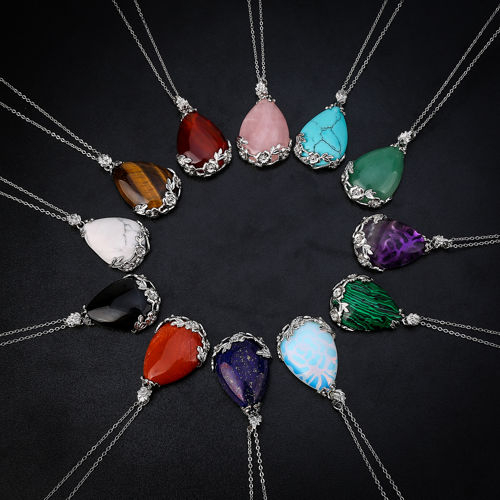 12 random stone alloy water drop pendant (silver) men and women necklace popular retro fashion jewelry