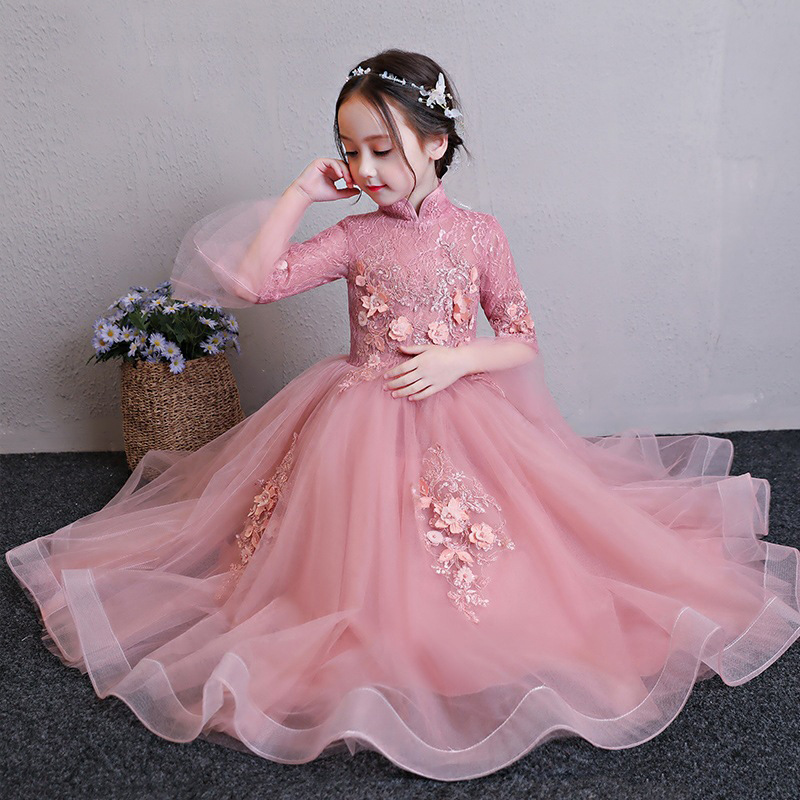 2019 Ball Gown Flower Girls Dresses Long Sleeves Sweep Train lace flower Applique Birthday Party Girls Pageant Gowns wedding Customized