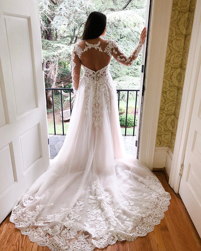 Plus Size Wedding Dresses with Long Sleeve 2020 Modern Backless Sweep Train Lace Applique Country Beach Holiday Bride Gown
