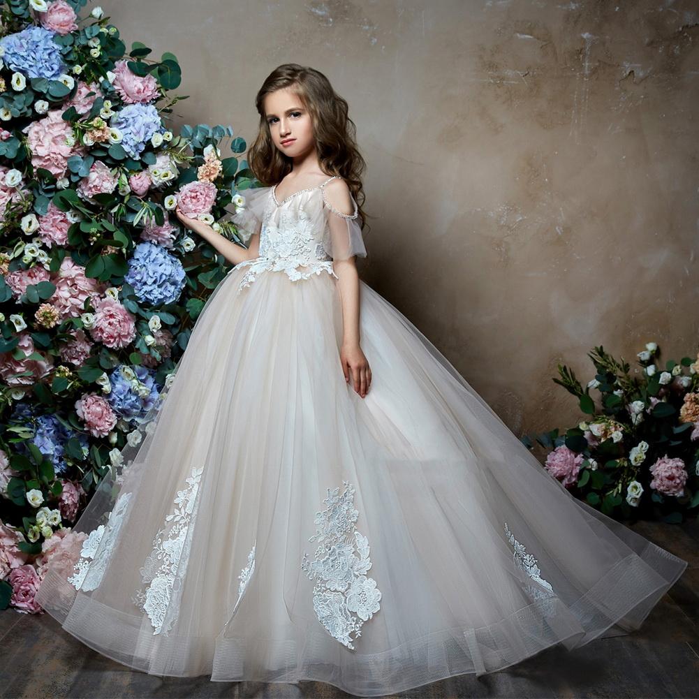 Backless Flower Girl Dresses For Weddings Ball Gown Spaghetti Straps Tulle Lace Long First Communion Dresses Little Girl