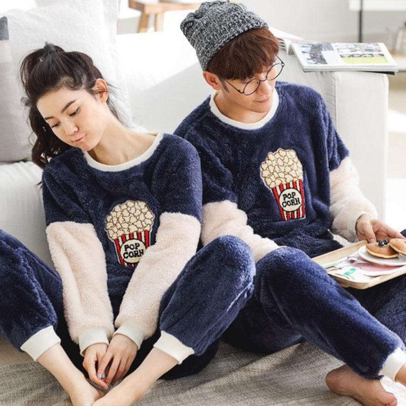 Cute Animal Flannel Pattern Winter Couples Pajamas Set For Women Men Plush Fabric Sleepwear Pyjamas Suit Home Clothing Q190330