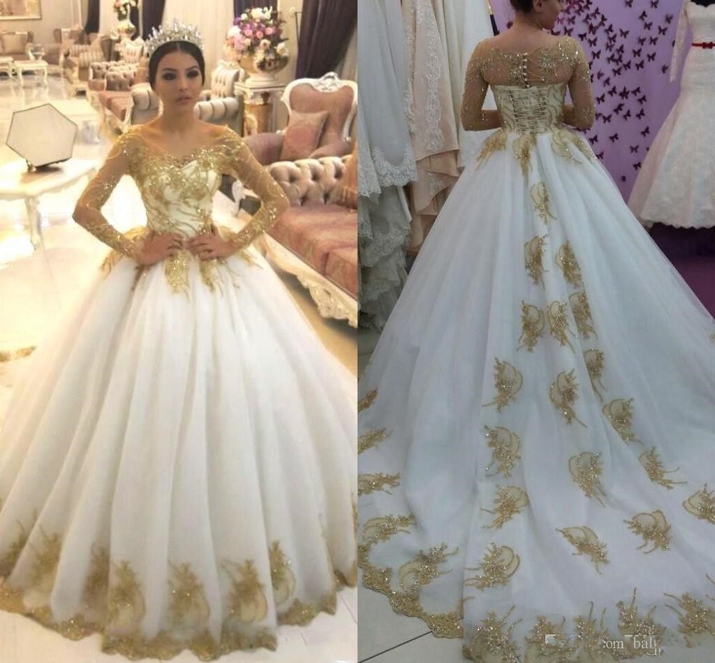 Dubai Gold Sequined Arabic Wedding Dress Vintage Long Sleeves Court Train Plus Size Bridal Gown Custom Made Bc2202 322