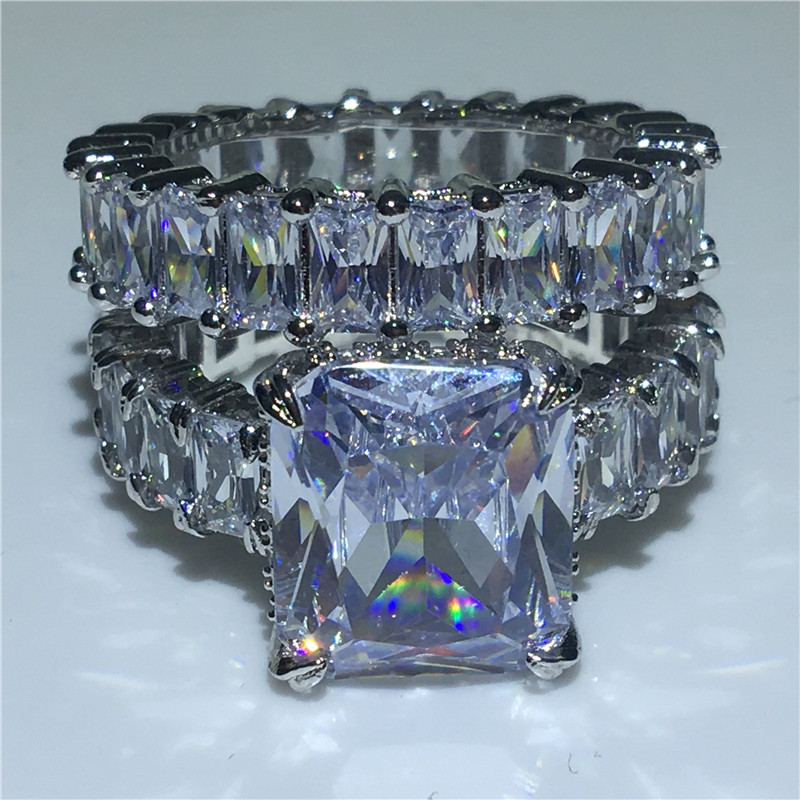 Vecalon Lovers Ring Sets 925 sterling silver Princess cut Diamond Engagement Wedding band rings for women Finger Jewelry