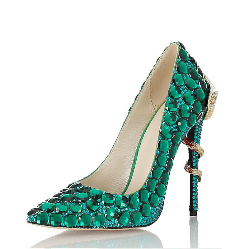 Hot Sale-Green Rhinestone snake heel dress shoes women unique genuine leather pointed toe high heels pumps chaussures femme wedding shoes