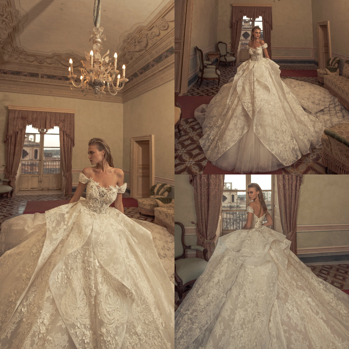 Julia Kontogruni Vintage Wedding Dresses 2019 Off Shoulder Lace Applique Beaded Tiered Skirts Plus Size Chapel Wedding Dress Bridal Gowns