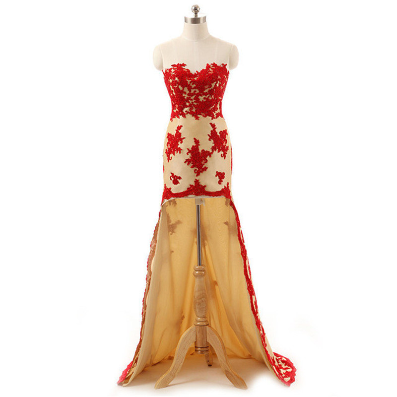 Elegant Red Lace Hi-Lo Prom Dresses Custom Sweetheart Evening Sweep Train Party Gowns Robe De Mariée