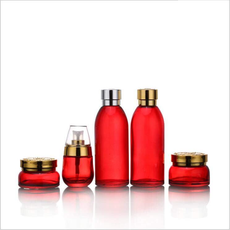 120ml 30ml 50g 30g Skin Care Bottle Cosmetic Container Bottle Red Carved lid Glass Cream Jar Emulsion Essence Vial