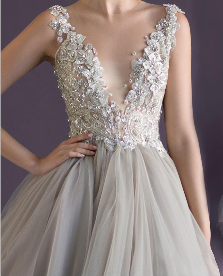 Paolo Sebastin Prom Dresses A Line V Neck Lace Appliqued Beads Sexy Backless Evening Gowns Illusion Bodice Formal Occasion Dress