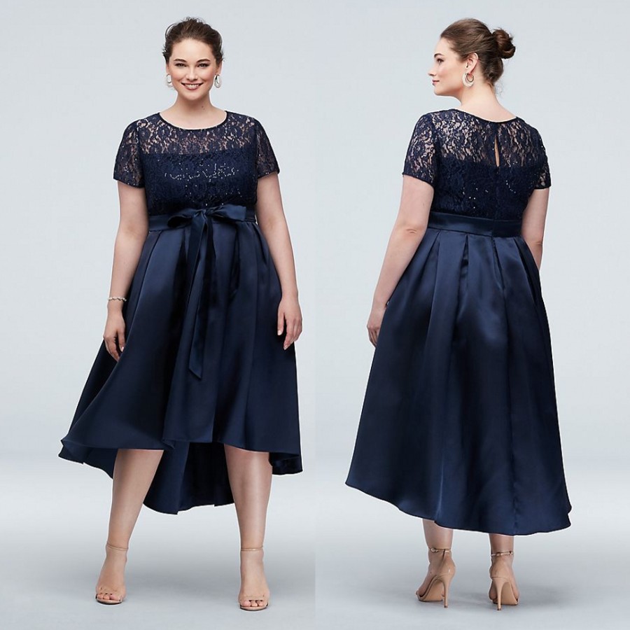 High Navy Blue Low Lace Plus Size Prom Dresses A Line Sheer Jewel Neck Sequined Evening Gown Short Sleeves Satin Formal Dress