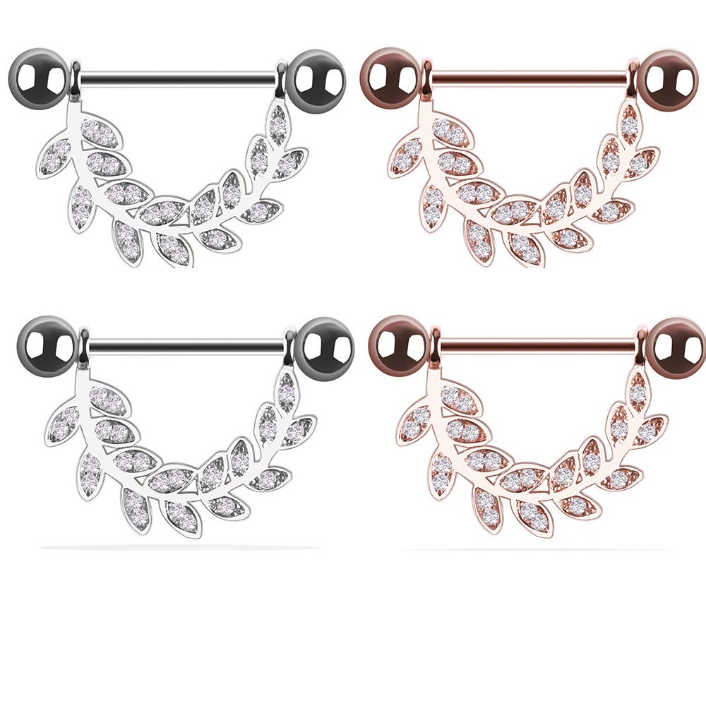 Gold leaf-studded stainless steel breast ring pierced female nipple shield body piercing ring body jewelry as a pair for sale