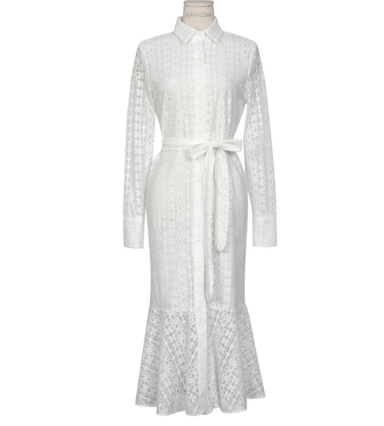 Vintage Hollow-out Lace Women Long Dress Single Breasted Bandage Elegant Mermaid Female Dress Full Sleeve Autumn Vestidos femme MX200804