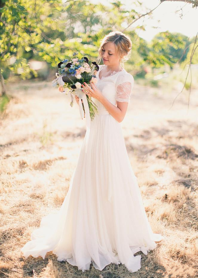 informal modest chiffon wedding dresses v neck cheap simple country short sleeve lace bridal gowns vestidos de novia