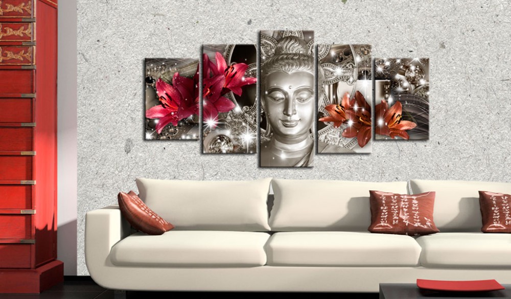 5 Panel Abstract Printed Buddha Painting Canvas Wall Art Home Decor Buddha Scenery Flower Picture For Living Room Unframed