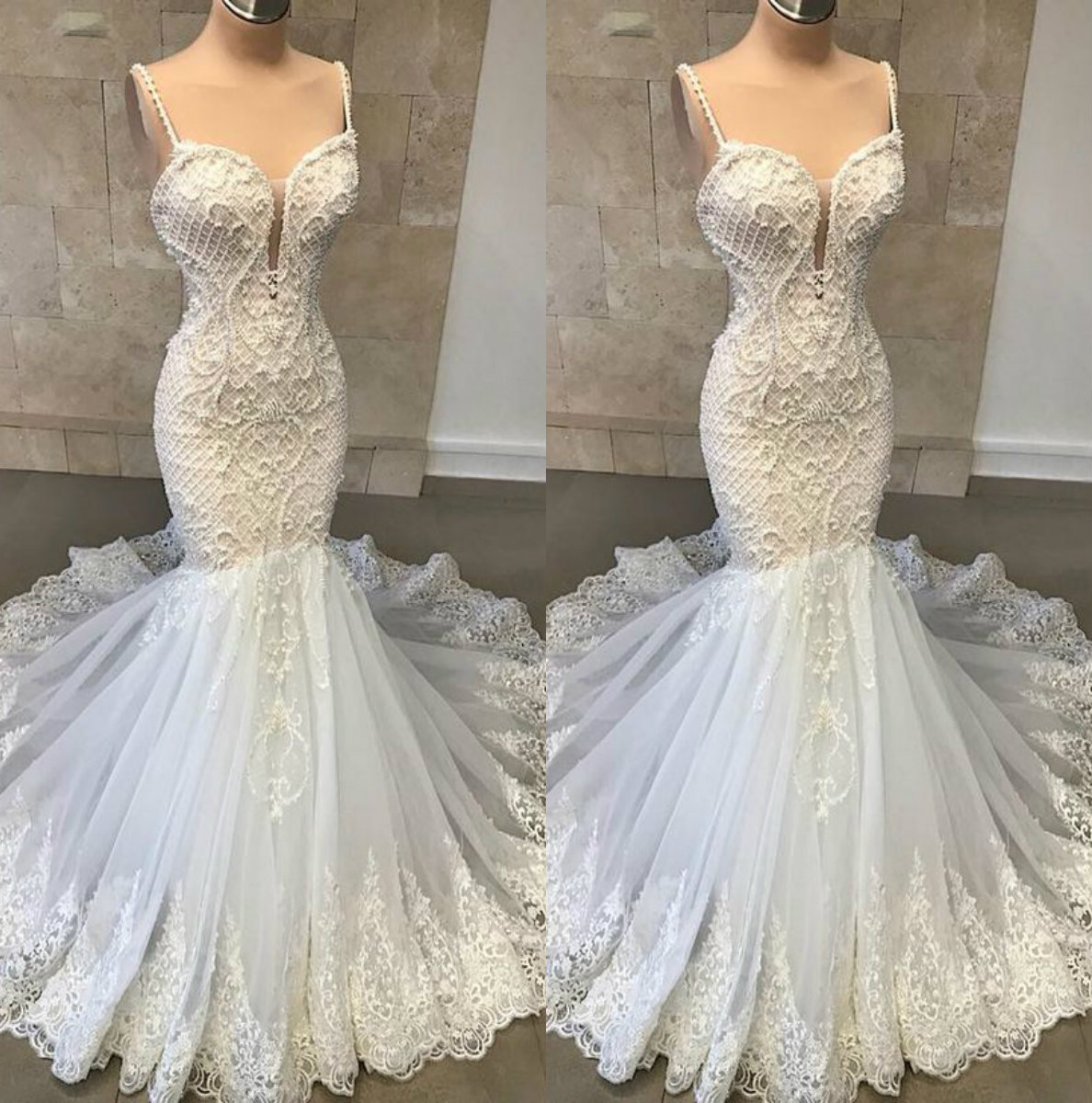 Sexy Mermaid Dresses Spaghetti Lace Bridal Gowns With Appliqued Sweep Train Illusion Sleeveless Princess Wedding Dress Custom
