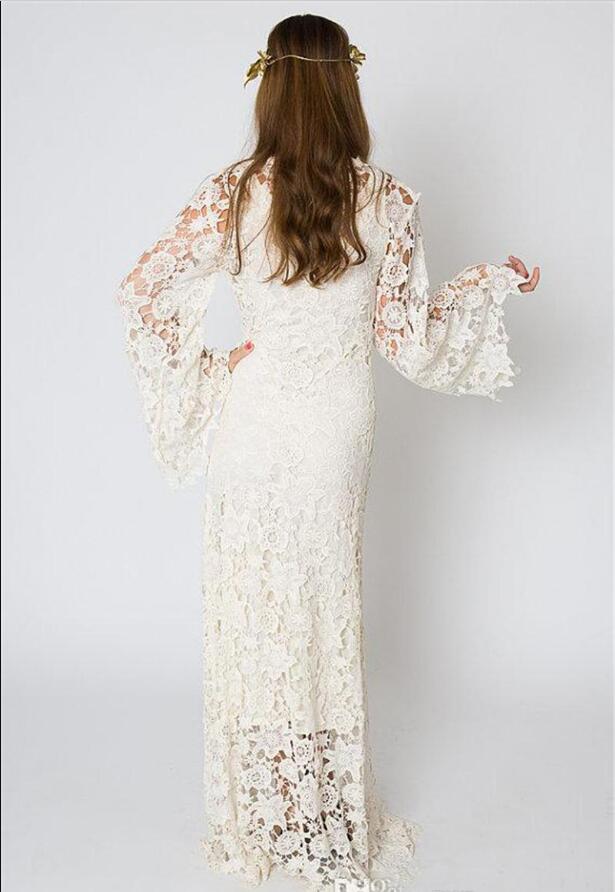 Bohemian Beach Wedding Dresses long sleeves 2020 deep v neck BELL SLEEVE LACE Crochet Hippie Wedding Dress Floor Length Boho Bridal Gowns