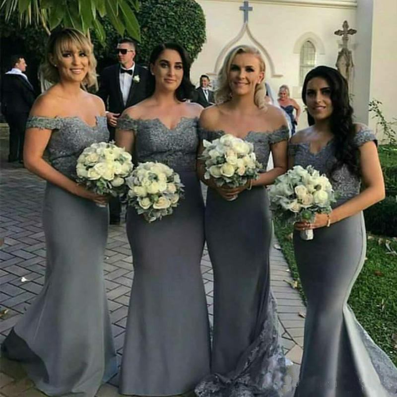 Gray Bridesmaid's Dresses Lace Applique Off Shoulder Cap Sleeves Mermaid Wedding Party Gowns Evening Dresses Custom Made