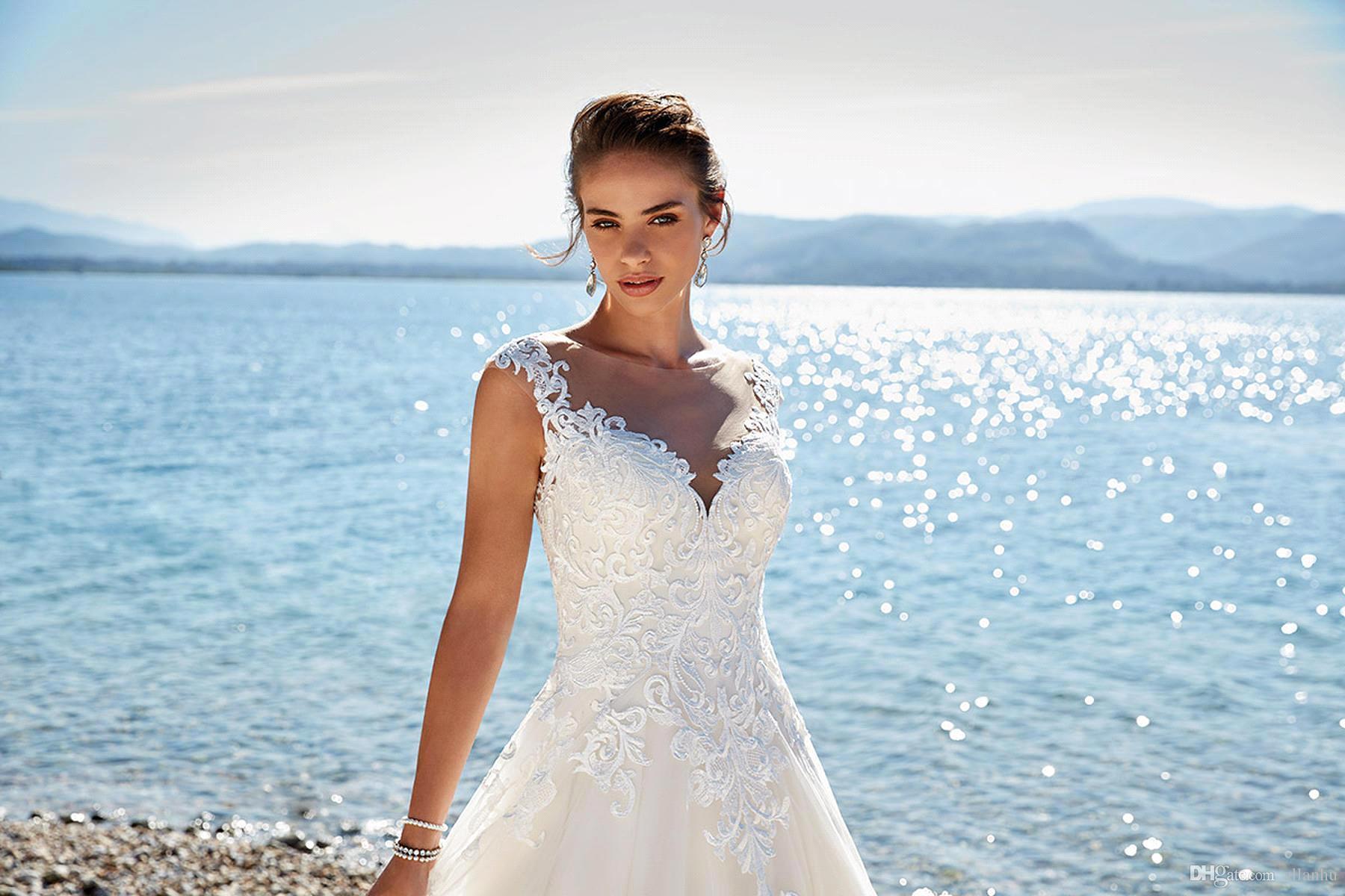 Elegant Ivory Lace Wedding Dresses Capped Sleeves Lace Appliques Illusion Back Wedding Bridal Gowns Beach Summer Wear Dress BC1310