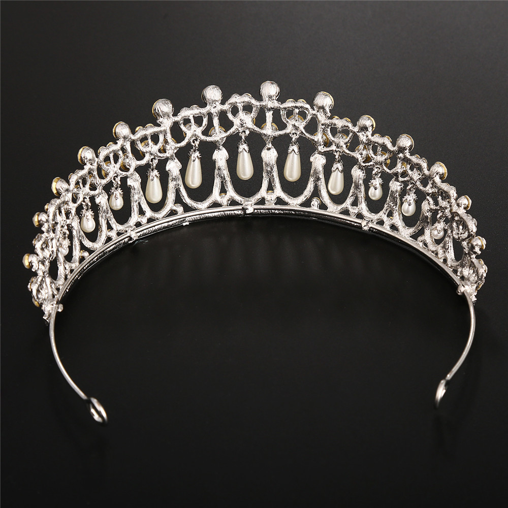 Vintage Silver Queen Princess Diana Crown Crystal Pearl Diadem For Bridal Hair Accessories Bride Tiara Headbands