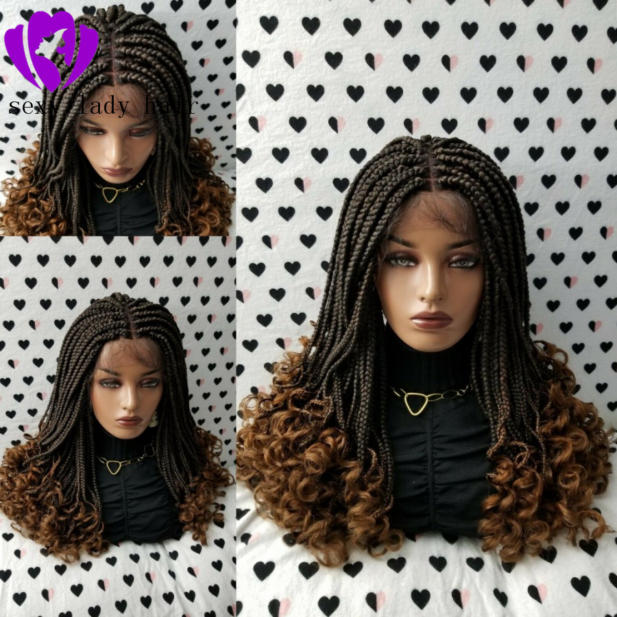Fashion black women braid style 1/30 ombre brown Braided Wig middle part Box Braids Swiss Lace Front Wig With Curly Ends