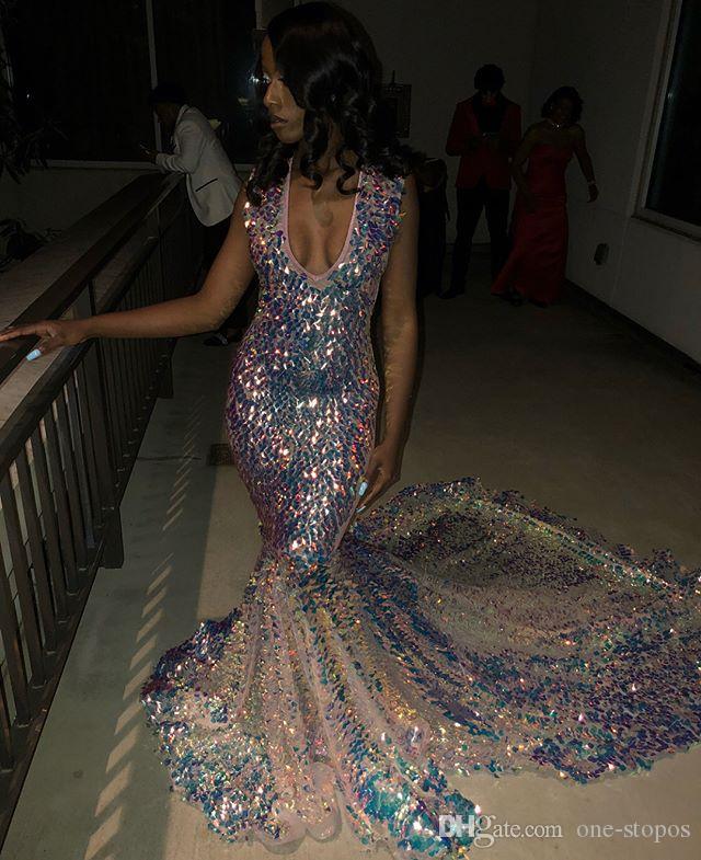 2019 Shinny Mermaid Prom Dresses V Neck Bling Sweep Train Long Formal Party Gown Plus Size Evening Dress Custom Made robes de soirée