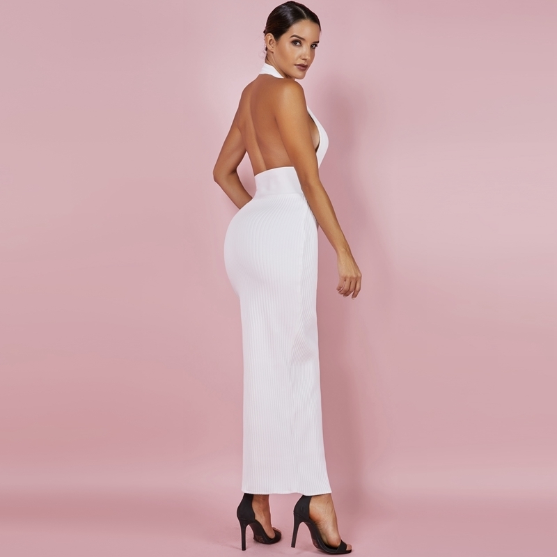 Ocstrade Womens Sexy Bandage Dress 2018 Club Wear Summer Backless White Bodycon Dresses Hollow Out Vneck Long Maxi Bandage Dress Y19012102