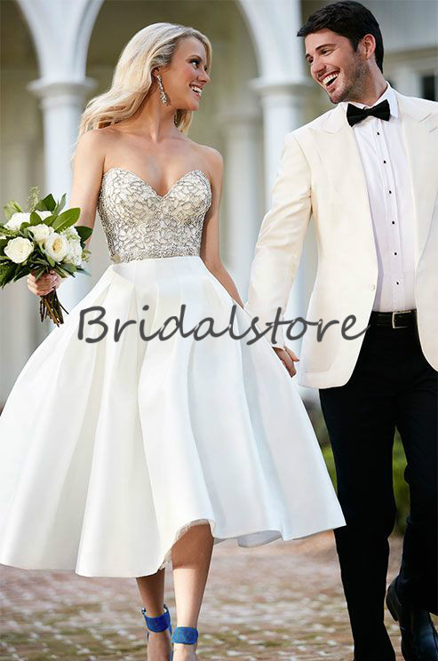 Sexy Strapless Short Wedding Dresses Elopements Sweetheart Tea Length Beaded Plus Size Country Boho Bridal Reception Gown Zipper Back Uk 50S