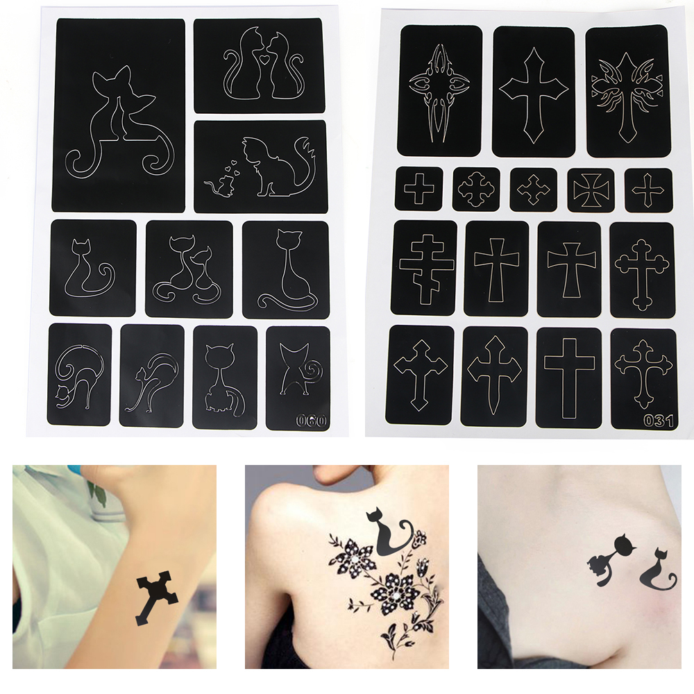 5 Pcs Cats Cross Style Hollow Tattoo Template Cartoon Airbrush Body Art Tattoo Stencil Woman Girl Kids Drawing Template