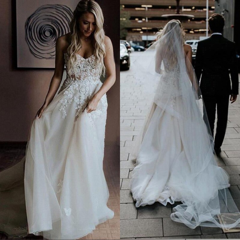 Sexy Backless Wedding Dresses Sheer Neck Lace Applique Sweetheart Sleeveless Sweep Train Boho Bridal Gowns, Red
Sexy Backless Wedding Dresses Sheer Neck Lace Applique Sweetheart Sleeveless Sweep Train Boho Bridal Gowns, Red