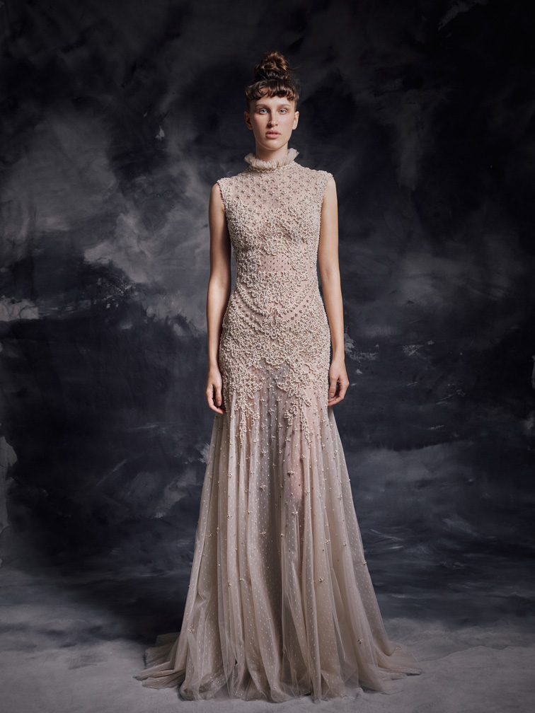 2020 Mermaid Evening Dresses High Ruff Neck Major Beaded Sleeveless Prom Dress Ruffled Sweep Train Custom Made Formal Party Gown