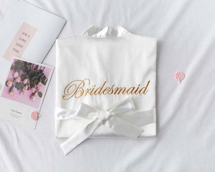 new bride bridesmaid robe with white black letters mother sister of the bride wedding gift bathrobe kimono satin robes