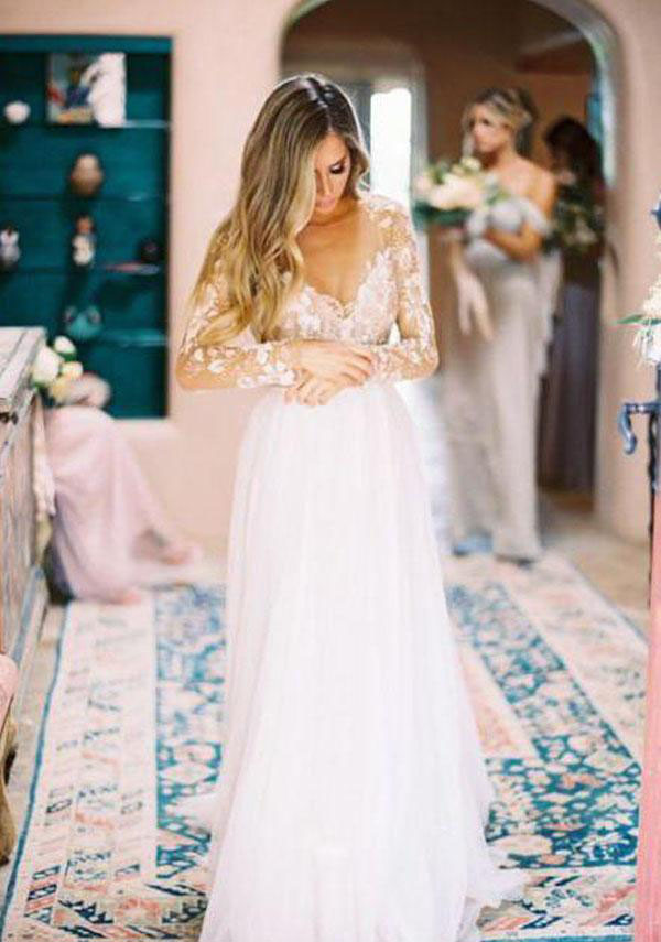 Boho Long Sleeves Wedding Dress A Line Lace Tulle Bohemian Beach Country Garden Church Formal Bridal Gown Custom Made Plus Size