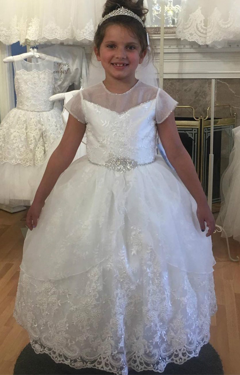 Luxurious Lace Pearls Flower Girl Dresses Sheer Neck Tulle Little Girl Wedding Dresses Vintage Communion Pageant Dresses Gowns F155