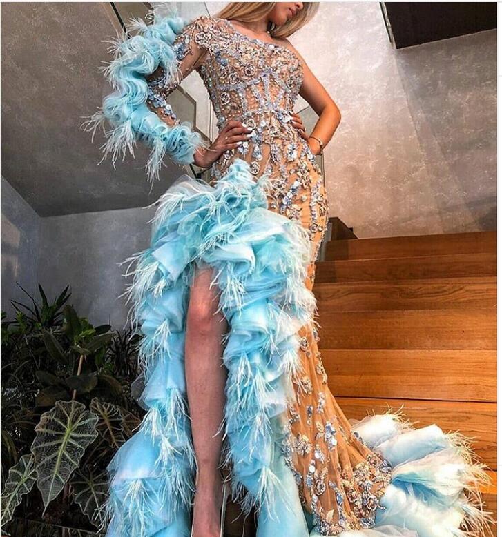 Luxury Sparkle Beaded Mermaid Prom Dresses Sexy Ruffles Feather Crystal Long Evening Dress One Shoulder High Split Gowns abendkleider