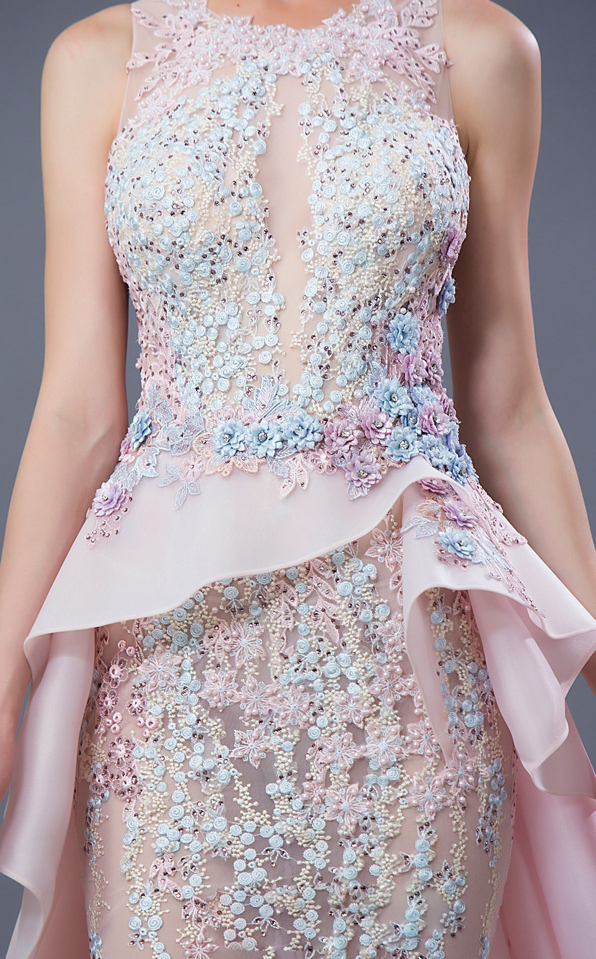 pink new evening dresses illusion jewel neck lace appliqued beads formal prom gowns sweep train party pageant dress