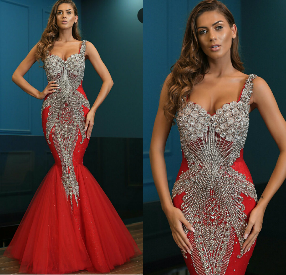 2019 Beaded Crystal Mermaid Prom Dresses Spaghetti Floor Length Luxury Arabic Evening DressParty Wear Plus Size Cocktail Gowns