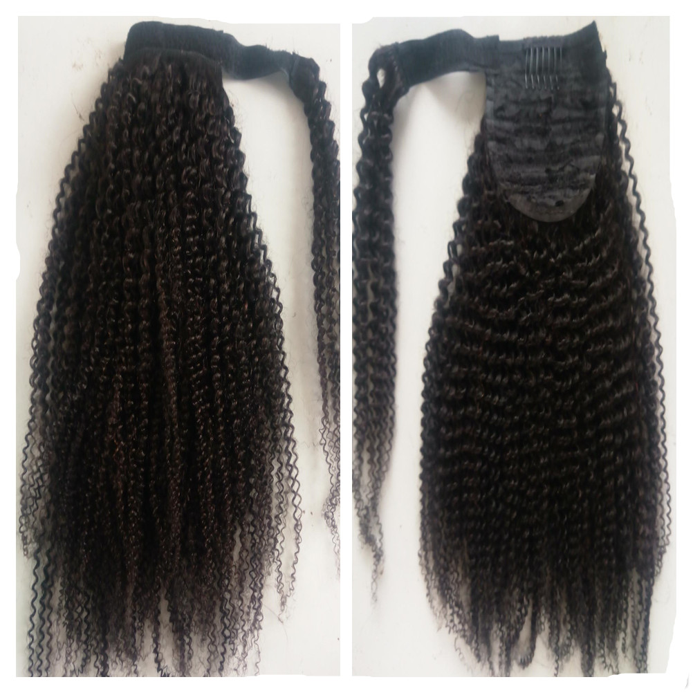 Diva 24 Inch Human Hair Ponytail with Drawstring Off Black AfroKinky Curly Ponytail Hair Extension Wrap for Women 160g Per Package Color 1B