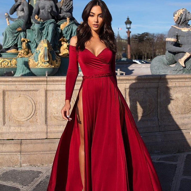 Sexy Burgundy A line Evening Dress 2019 Off Shoulder Long Sleeves Formal Party Prom Dresses High Slit Pageant Gowns Custom Made