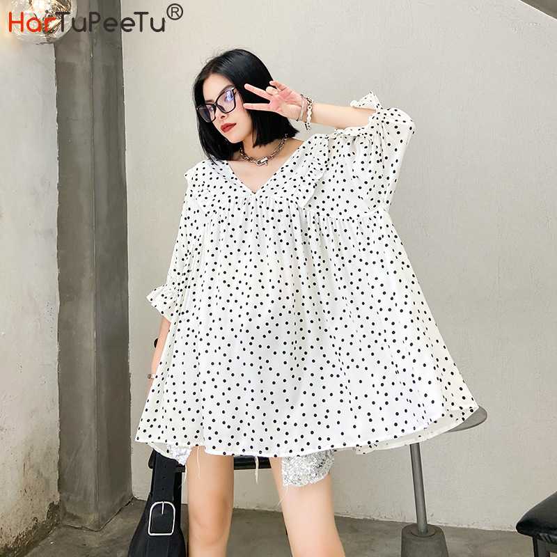 Chiffon Casual Shirts Women Polka Dot Summer Blouse Plus Size Loose Patchwork Ruffles V Neck Puff Short Sleeve Long Tops, Black
Chiffon Casual Shirts Women Polka Dot Summer Blouse Plus Size Loose Patchwork Ruffles V Neck Puff Short Sleeve Long Tops, Black