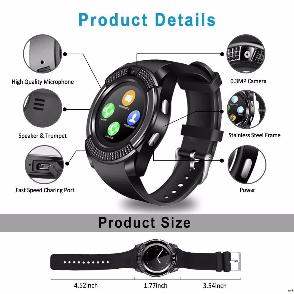 V8 GPS Smart Watch Bluetooth Smart Touch Screen Wristwatch with Camera SIM Card Slot Waterproof Smart Watch for IOS Android iPhone Watch