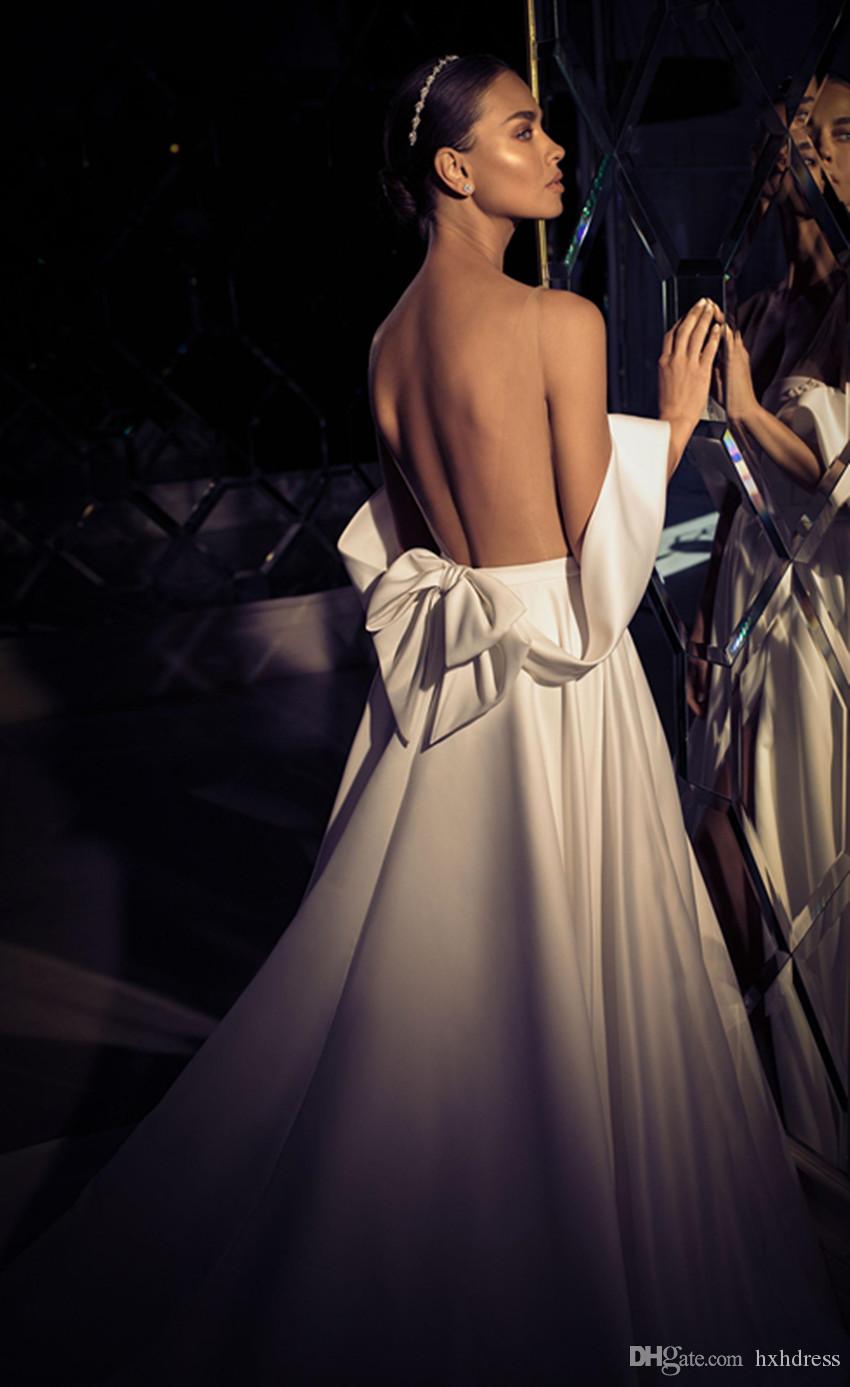 Sexy Elihav Sasson A Line Dresses V Neck Off Shoulder High Side Split Vestidos De Novia Satin Sweep Train Wedding Bridal Gowns estidos