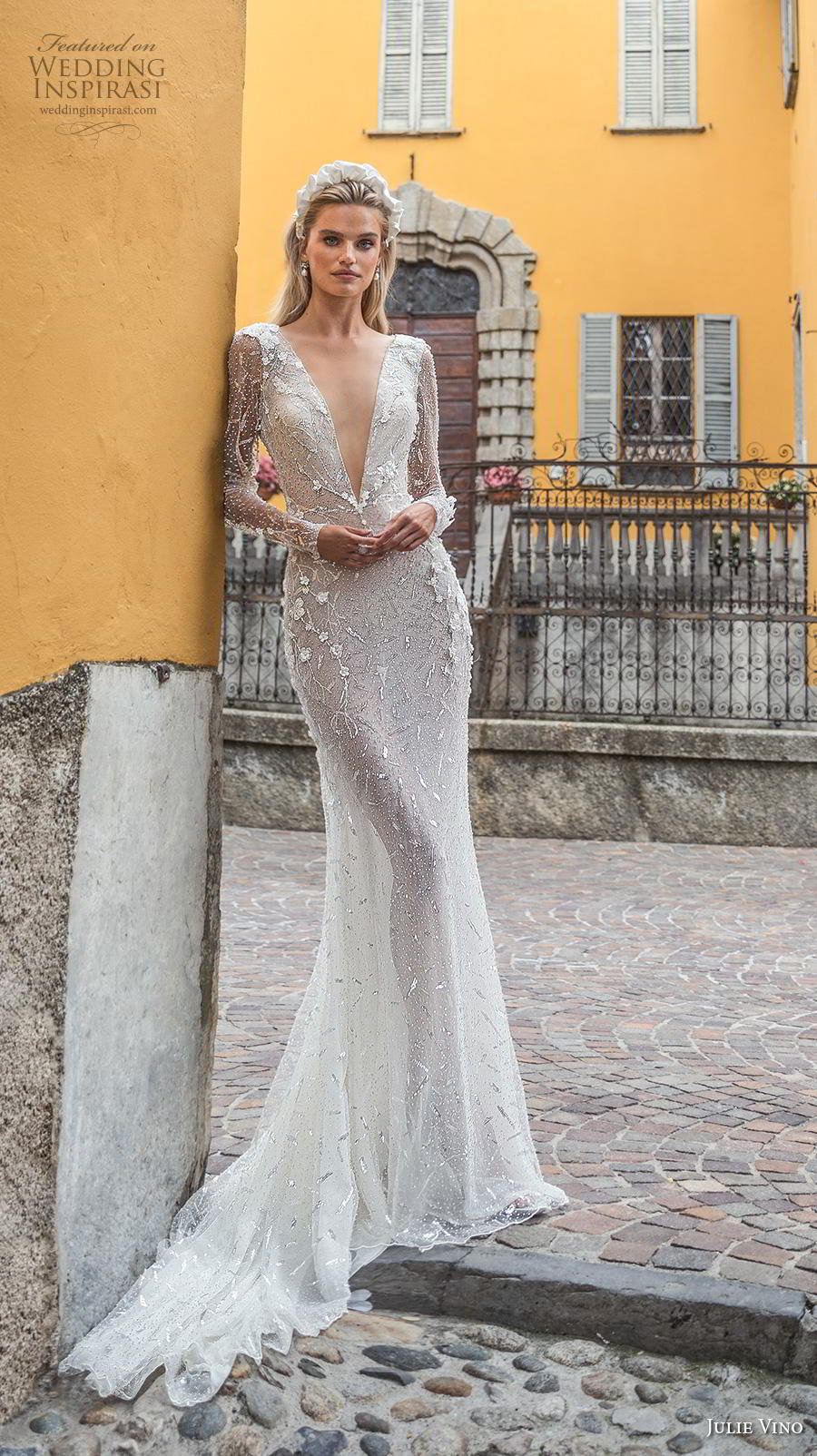 2020 Julie Vino Mermaid Wedding Dresses Deep V Neck Lace 3D Floral Appliqued Long Sleeve Wedding Dress Backless Bridal Gowns Abiti Da Sposa