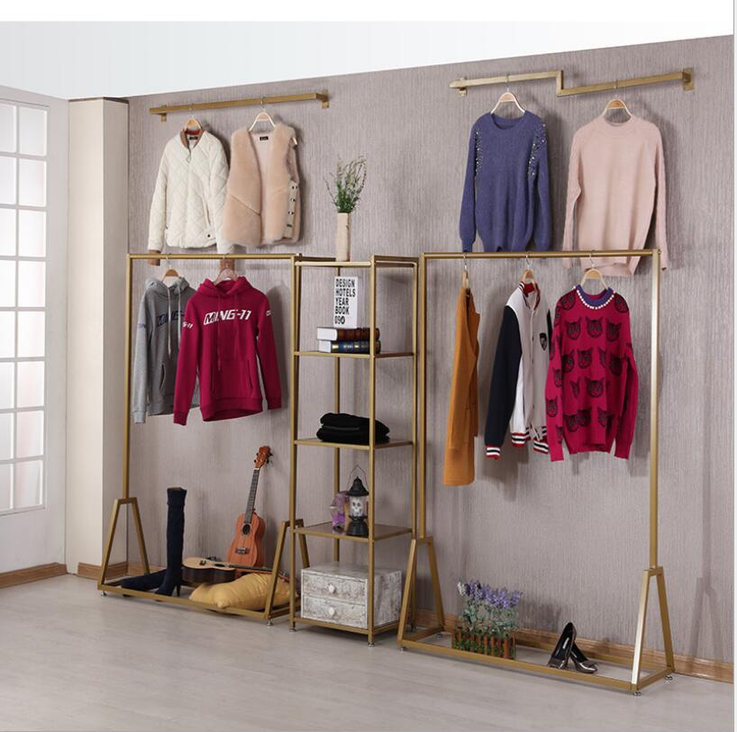 Clothing store display racks Bedroom Furniture gold floor type Clothes rack decoration of women's cloth shop shelf