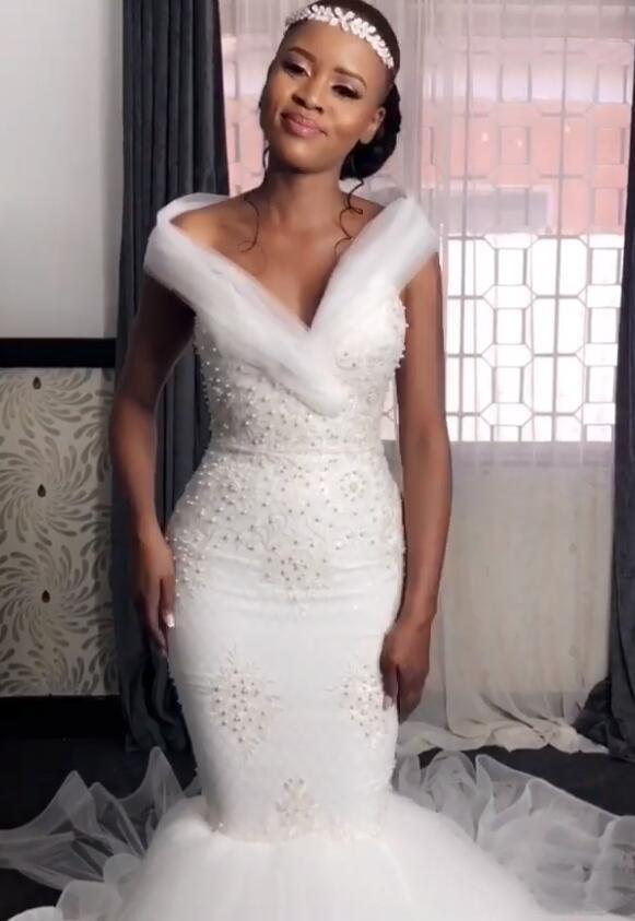 African Mermaid Dresses for Black Girls Off Shoulder Backless Beaded Pearls Plus Size Wedding Dress Bridal Gowns vestidos de novia