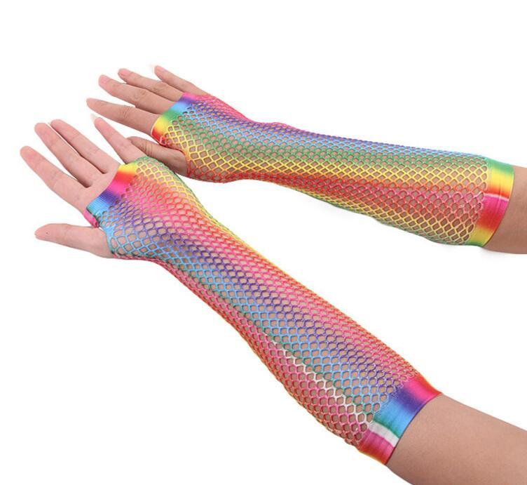 FashionRainbow Fishnet Fingerless Gloves Sexy Colorful Shiny Mermaid Long Halffinger Gloves Bridal Party Nightclub Fishnet Gl