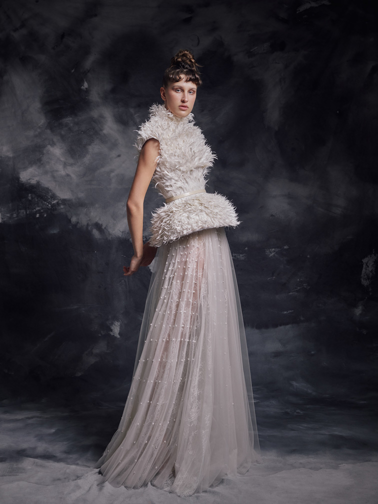 Modest Krikor Jabotian Elegant High Neck Sleeveless A Line Evening Dresses Beaded Feather Pearls Sash Formal Dresses Sweep Train Party Gown